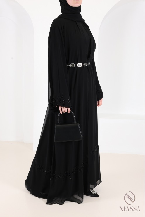 Black Dubai kimono abaya in chiffon, with embroidered pearls