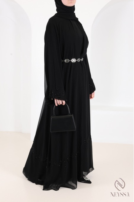 Abaya kimono Dubaï noir en mousseline, avec perles brodées