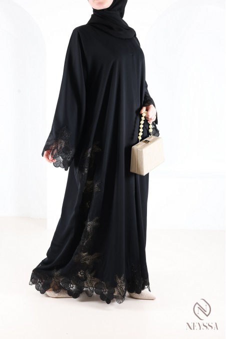 Abaya Dubaï kimono de luxe avec broderie tendance chic noir femme