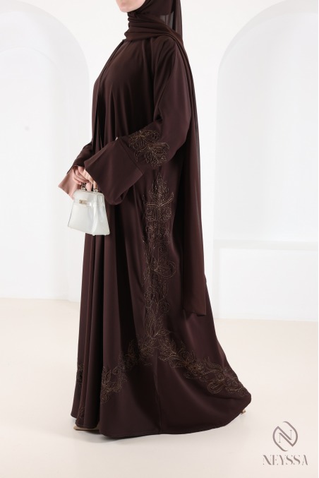 Luxury brown embroidered Dubai kimono abaya, Eid outfit for women