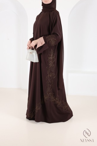 Luxuriöser, brauner, bestickter Dubai-Kimono-Abaya das perfekte Eid 2