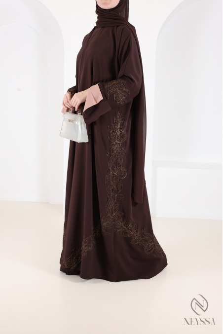 Luxuriöser, brauner, bestickter Dubai-Kimono-Abaya das perfekte Eid