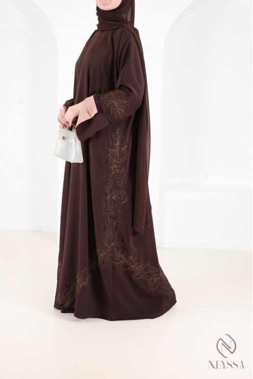 Luxury brown embroidered Dubai kimono abaya, Eid outfit for women