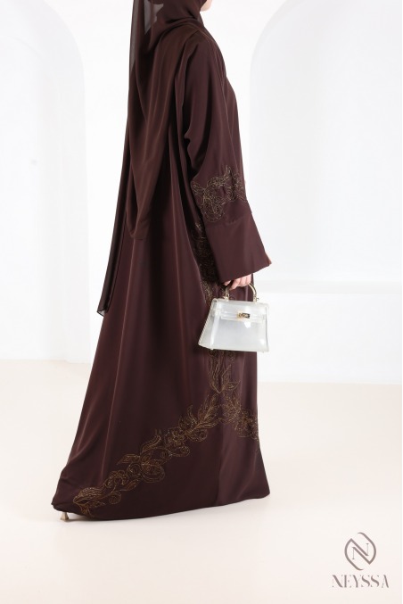Abaya Dubaï kimono luxe marron brodée, tenue Aïd femme hijabi
