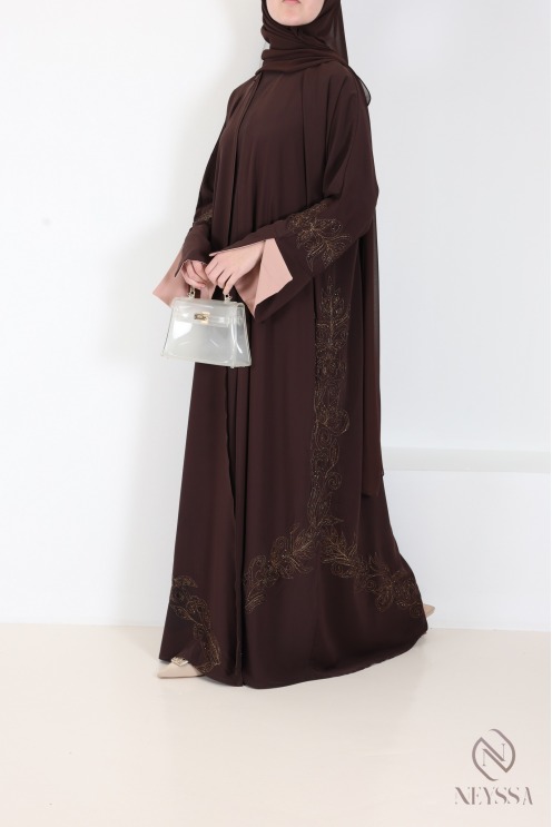 Luxury brown embroidered Dubai kimono abaya, Eid outfit for women