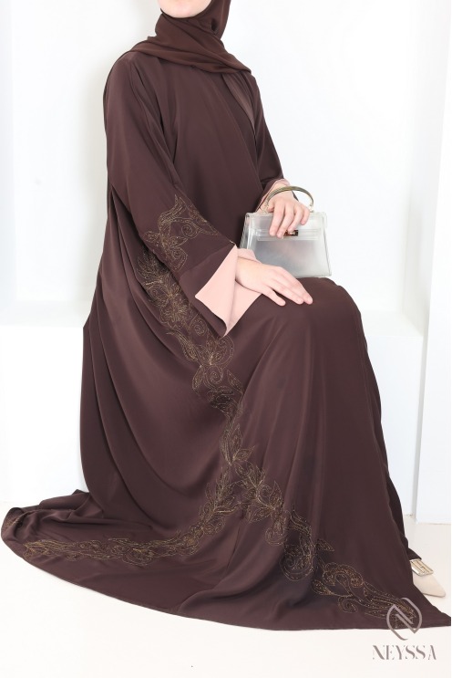 Luxury brown embroidered Dubai kimono abaya, Eid outfit for women