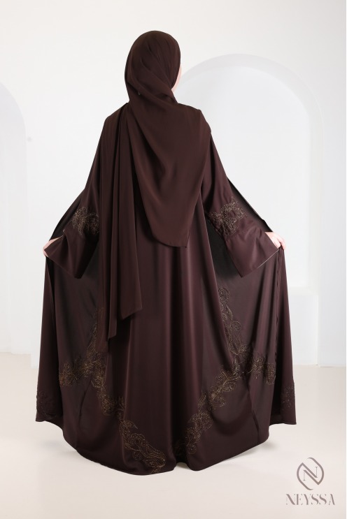 Luxury brown embroidered Dubai kimono abaya, Eid outfit for women