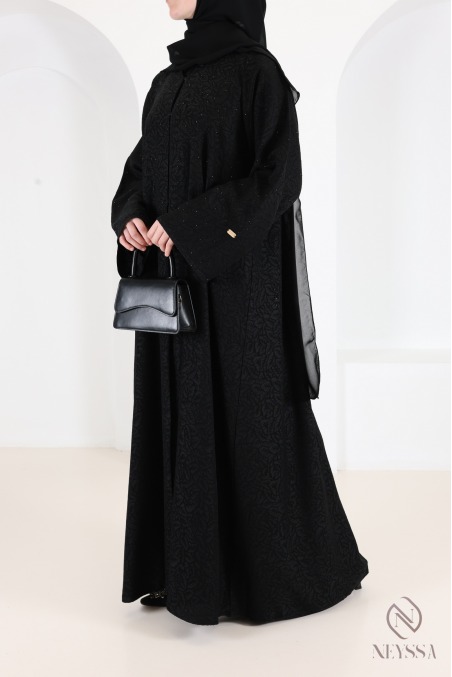 Dubai Abaya Kimono in Black Brocade Fabric with Rhinestones Eid Outfit