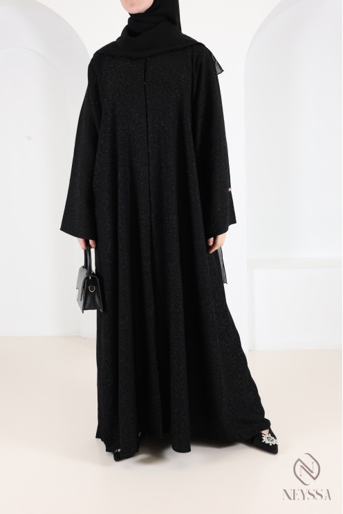 Dubai Abaya Kimono in Black Brocade Fabric with Rhinestones Eid Outfit