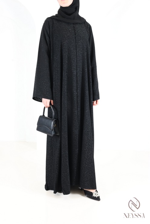 Dubai Abaya Kimono in Black Brocade Fabric with Rhinestones Eid Outfit