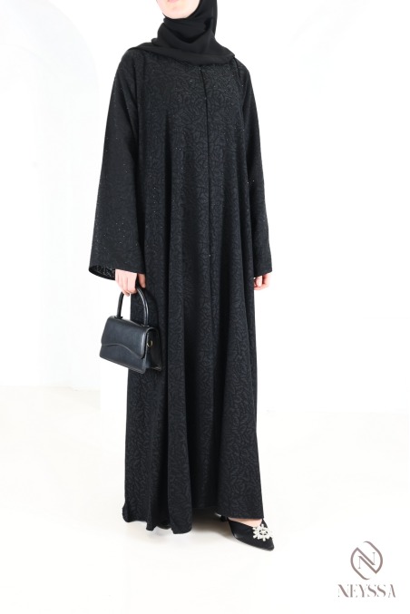 Abaya Dubaï kimono tissu brocart noir avec des strass tenue Aïd