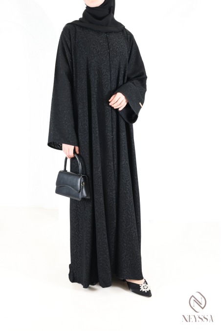 Dubai Abaya Kimono in Black Brocade Fabric with Rhinestones Eid Outfit