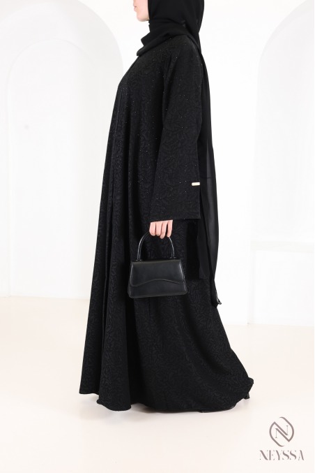 Dubai Abaya Kimono in Black Brocade Fabric with Rhinestones Eid Outfit