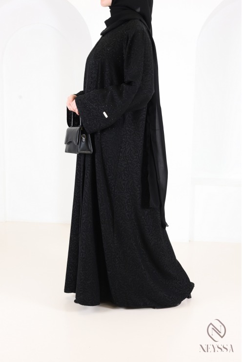 Dubai Abaya Kimono in Black Brocade Fabric with Rhinestones Eid Outfit