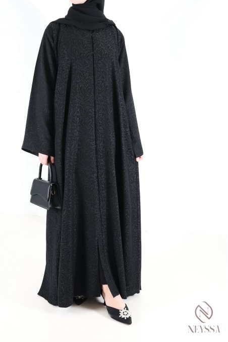 Dubai Abaya Kimono aus schwarzem Brokatstoff mit Strasssteinen für Eid