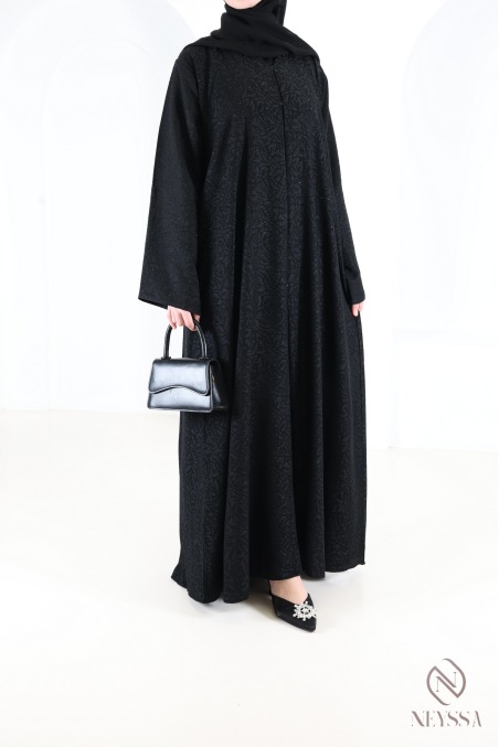 Dubai Abaya Kimono in Black Brocade Fabric with Rhinestones Eid Outfit