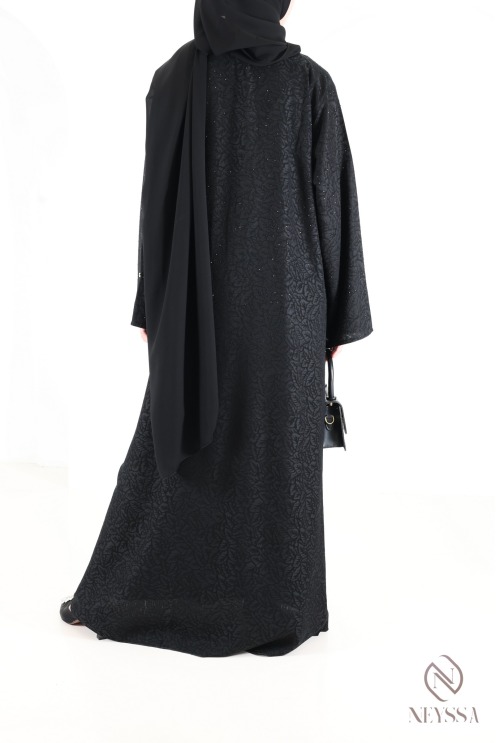 Dubai Abaya Kimono in Black Brocade Fabric with Rhinestones Eid Outfit