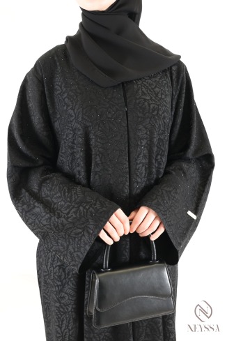 Dubai Abaya Kimono in Black Brocade Fabric with Rhinestones Eid Outfit 2