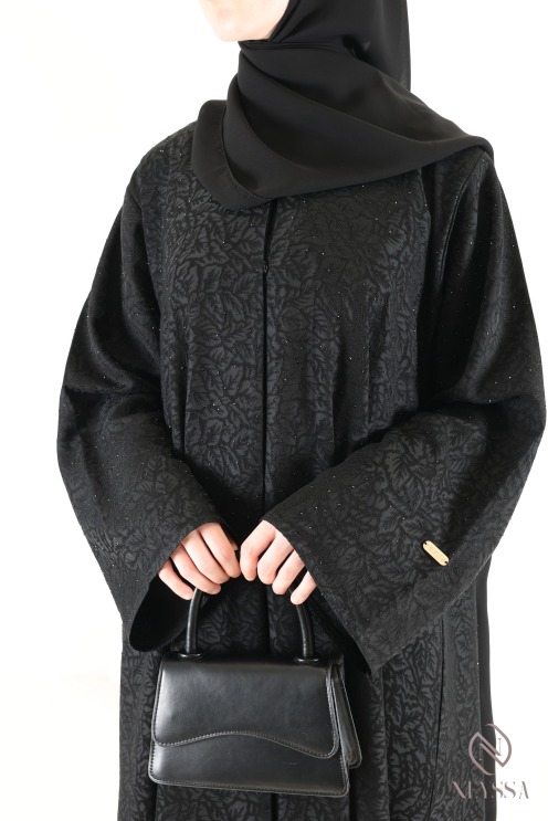 Abaya Dubaï kimono tissu brocart noir avec des strass tenue Aïd