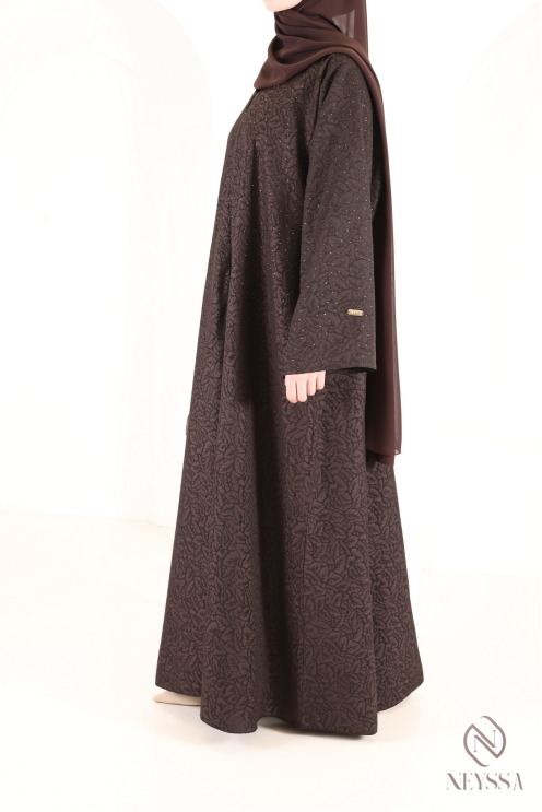 Dubai kimono abaya in flowing brown brocade fabric Eid outfit idea