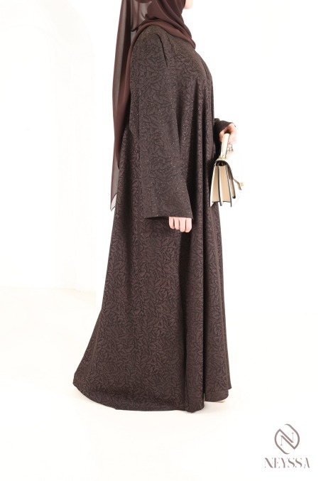 Dubai kimono abaya in flowing brown brocade fabric Eid outfit idea