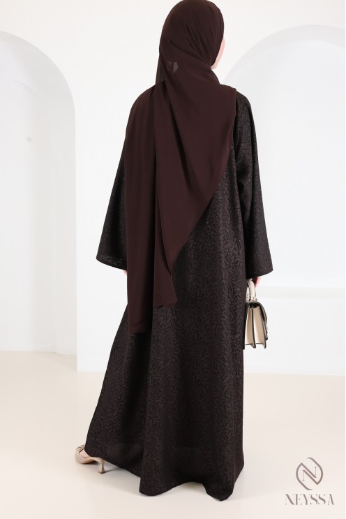 Abaya Dubaï kimono tissu fluide en brocart marron idée tenue Aïd
