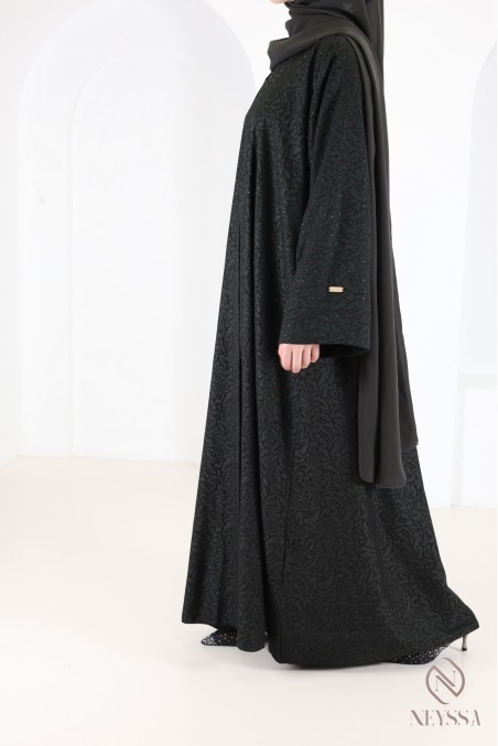 Abaya Dubaï kimono luxe brocart vert tissu fluide avec strass femme