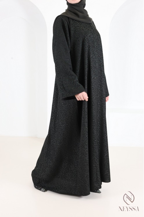 Abaya Dubaï kimono luxe brocart vert tissu fluide avec strass femme