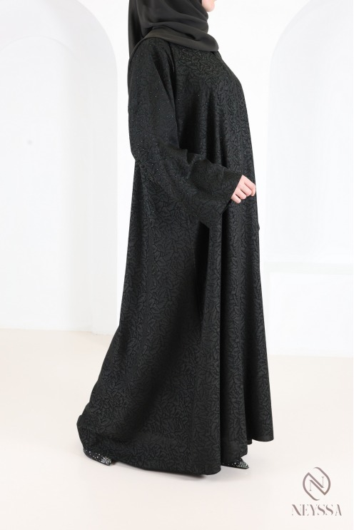 Abaya Dubaï kimono luxe brocart vert tissu fluide avec strass femme