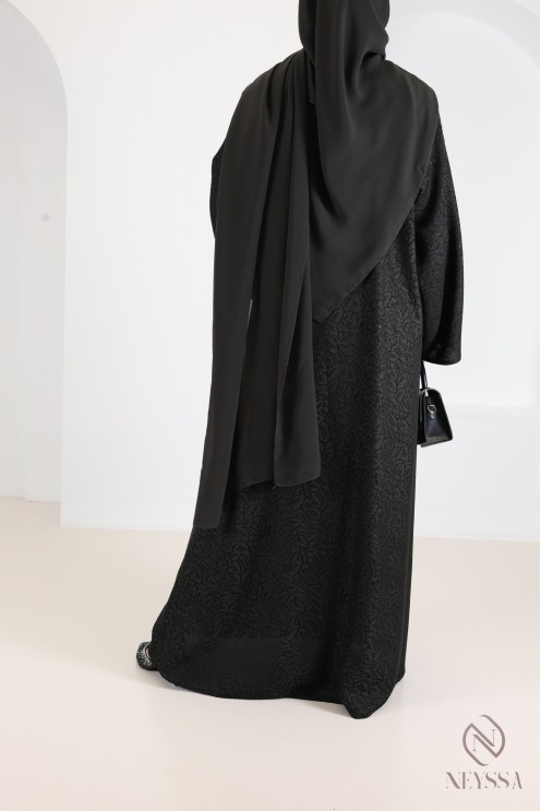 Abaya Dubaï kimono luxe brocart vert tissu fluide avec strass femme