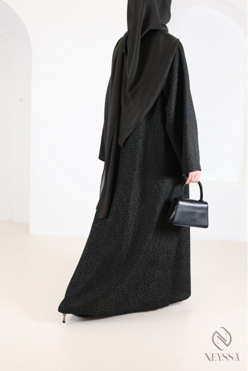 Abaya Dubaï kimono luxe brocart vert tissu fluide avec strass femme