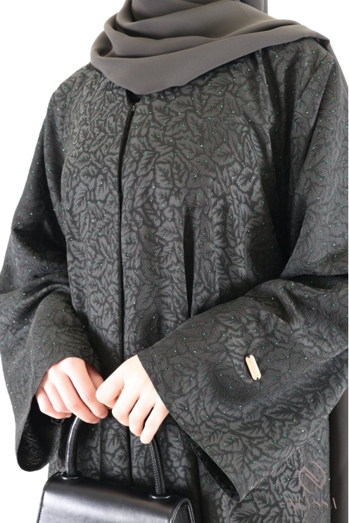 Luxury Dubai kimono abaya in flowing green brocade fabric