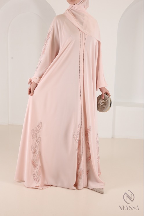 Abaya kimono Dubaï à strass rose poudré tendance, coupe umbrella
