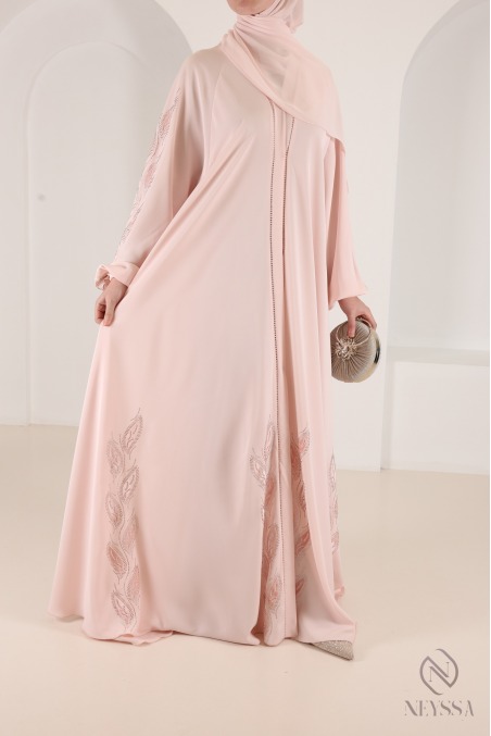 Dubai kimono abaya with trendy powder pink rhinestones, umbrella cut