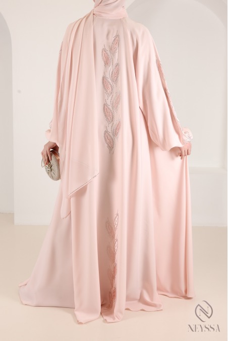 Abaya kimono Dubaï à strass rose poudré tendance, coupe umbrella
