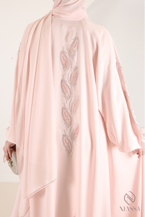 Abaya Kimono Dubai mit Strasssteinen in Puderrosa, Umbrella-Schnitt