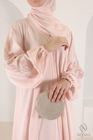Abaya kimono Dubaï à strass rose poudré tendance, coupe umbrella 2