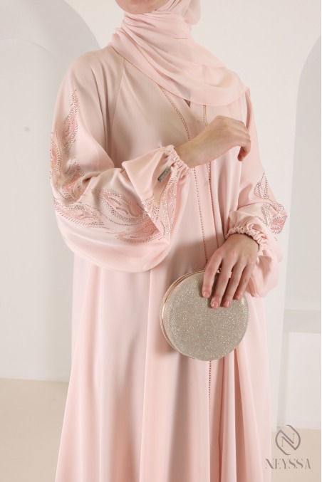 Abaya kimono Dubaï à strass rose poudré tendance, coupe umbrella