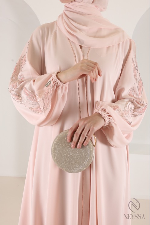 Abaya Kimono Dubai mit Strasssteinen in Puderrosa, Umbrella-Schnitt