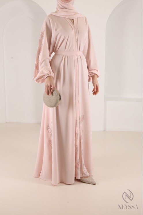 Dubai kimono abaya with trendy powder pink rhinestones, umbrella cut