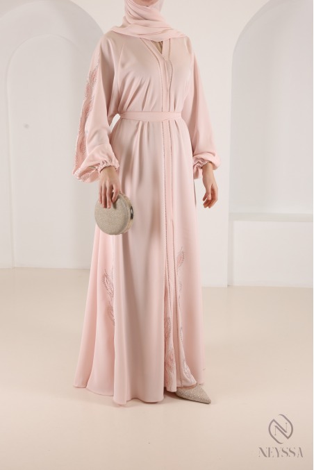 Dubai kimono abaya with trendy powder pink rhinestones, umbrella cut