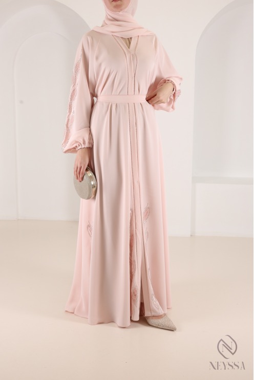 Abaya kimono Dubaï à strass rose poudré tendance, coupe umbrella