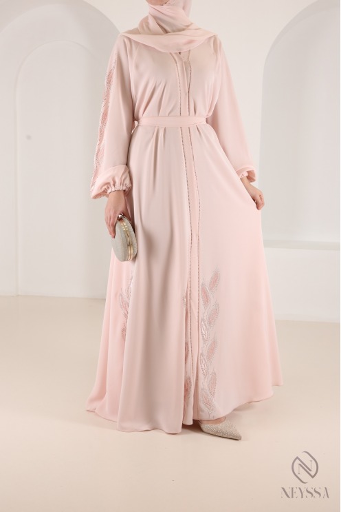 Abaya Kimono Dubai mit Strasssteinen in Puderrosa, Umbrella-Schnitt