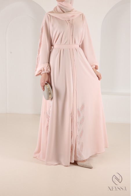 Abaya Kimono Dubai mit Strasssteinen in Puderrosa, Umbrella-Schnitt