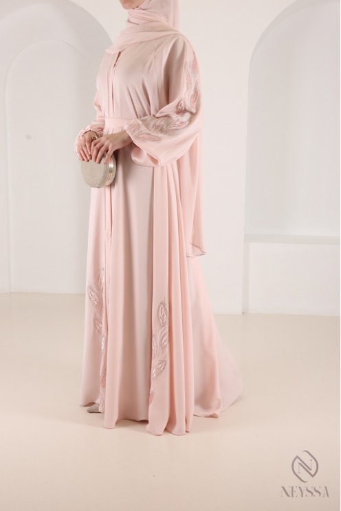 Dubai kimono abaya with trendy powder pink rhinestones, umbrella cut