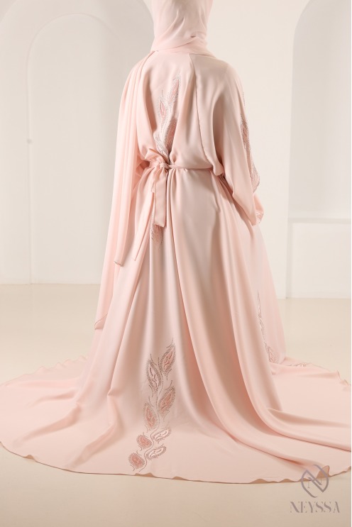 Abaya kimono Dubaï à strass rose poudré tendance, coupe umbrella