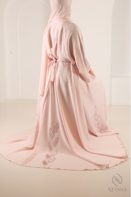 Dubai kimono abaya with trendy powder pink rhinestones, umbrella cut