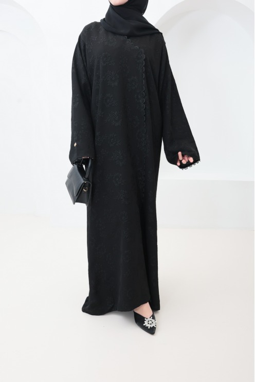 Dubai Abaya Kimono in Black Brocade Fabric with Rhinestones Eid Outfit