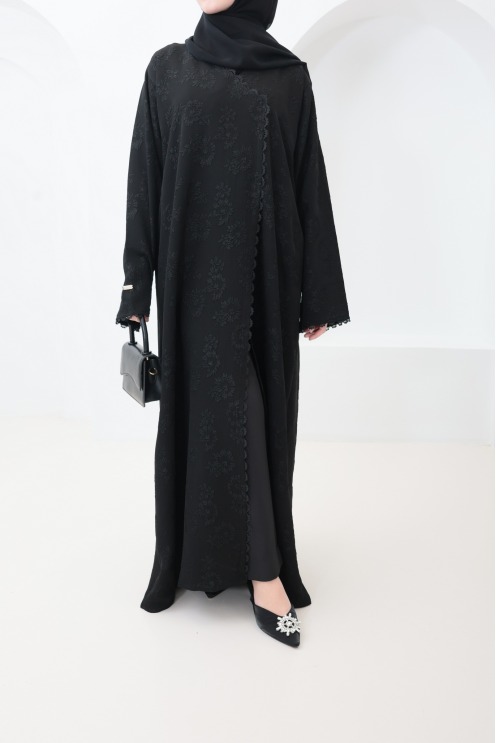 Dubai Abaya Kimono aus schwarzem Brokatstoff mit Strasssteinen für Eid