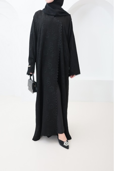 Abaya Dubaï kimono tissu brocart noir avec des strass tenue Aïd